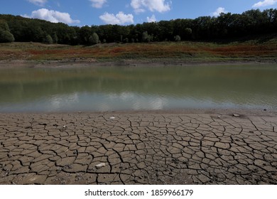 A Reservoir That Has Become Shallow Due To Drought In The Village Of Partizanskoye (Crimea, Crimean Peninsula).