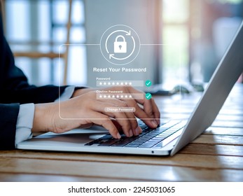 Reset password concept. Lock icon, security code showing on change password page while business person using laptop computer in office. Cyber security technology on website or app for data protection. - Shutterstock ID 2245031065
