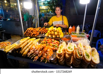 Resident selling street food in Phu Quoc island in Vietnam. Delicious seafood for tourist at market at night. 16 May 2019, Phu Quoc, Vietnam.