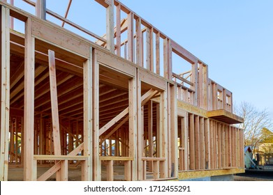 Residential american home in under construction beams house wooden frame house