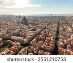 Residential area of Barcelona, Spain Eixample residential district. Architectural heritage country at sunrise in summer on aerial view slide from drone turn. Go Everywhere. Travel