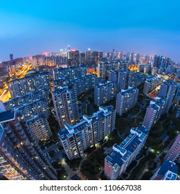 Residential Area Of The City At Dusk,bird's Eye View