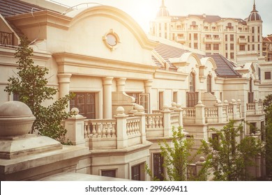 Residential building area in classic style. London luxury balcony view - Shutterstock ID 299669411