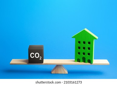 Residential Building And CO2 Emissions On Scales. Greenhouse Gas Emissions. Improving Energy Efficiency, Lowering Impact On Environment. Decarbonization. Climate Change. Annual Pollution Calculation