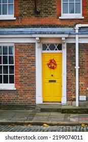 Residential Building With Door Autumn Decoration In London, United Kingdom On A Beautiful Fall Day