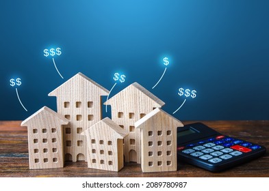 Residential buildings with dollar prices and calculator. Property valuation. Housing value. Investment business plan. Market study. Calculating mortgage. Prices comparison for renting apartments.
