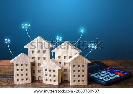 Residential buildings with dollar prices and calculator. Property valuation. Housing value. Investment business plan. Market study. Calculating mortgage. Prices comparison for renting apartments.