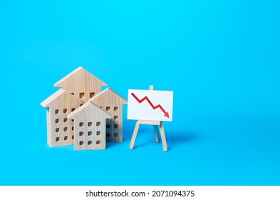 Residential Buildings And Down Arrow Graph On Easel. Low Property Value, Low Price. Real Estate Market Fall. Lower Mortgage Interest Rates. Falling Prices For Rental. Affordable Housing. Crisis