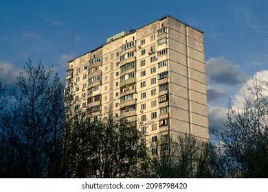 Residential buildings of the USSR times. Soviet high-rise buildings against the background of the evening sky