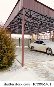 Residential Car Port. Yard Of A House, Winter.