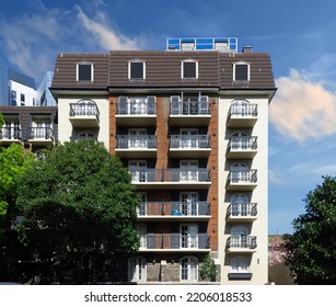 Residential And Commercial High Rise Apartment Building In Inner Melbourne Suburb VIC Australia.  Building Complex In Leafy Suburbia Great Urban Living High Density Suburban City 