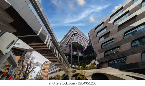 Residential And Commerical High Rise Apartment Building In Inner Melbourne Suburb VIC Australia. Residential And Commercial Building Complex In Leafy Suburbia. Urban Living High Density Suburban City 