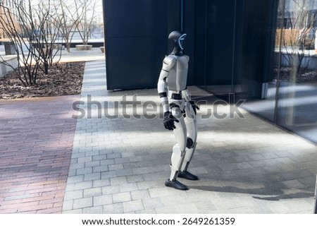  residential complex. Artificial intelligence machine walks. Robot spend time 