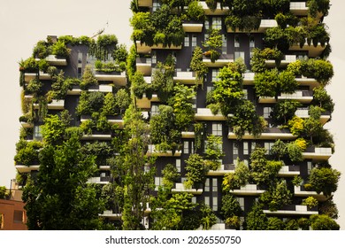 Residential complex in Expo-city of Milan, Italy. View at ecological skyscrapers, terraces with plants. Modern sustainable architecture in Porta Nuova district.