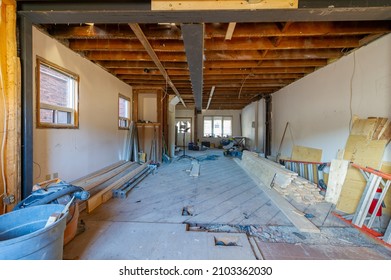 Residential Construction Site Of A House In Toronto, Ontario- Canada. Welded Steel Beam Is Visible On The Ceiling. Construction Tools And Material Supplies. Real Estate Home Remodeling.