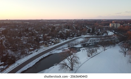 Residential Downtown Winter River Scene