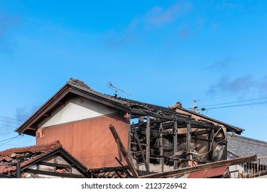 Residential Fire Scene. Burnt Marks Of Fire.