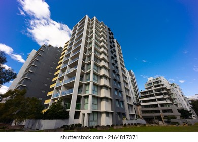 Residential High Rise Apartment Building In Inner Sydney Suburb NSW Australia. Residential Complex In Leafy Suburbia. Urban Living High Density Suburban City 