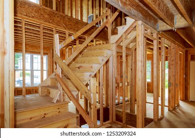 Residential Home Framing View On New House Wooden Under Construction