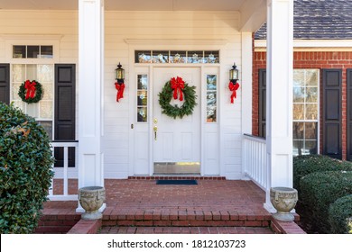 Residential Home Front Door Decorated For Christmas