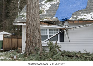 Residential house crushed by fallen trees and tree limbs during severe winter storm with strong winds. Tarp is placed on the damaged rooftop area as a temporary measure before proper roof repairs. - Powered by Shutterstock