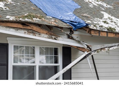 Residential house crushed by fallen trees and tree limbs during severe winter storm with strong winds. Tarp is placed on the damaged rooftop area as a temporary measure before proper roof repairs.