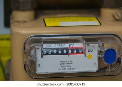 Residential Natural Gas Meter Dial Showing Amount Of Consumption . Close Up View.