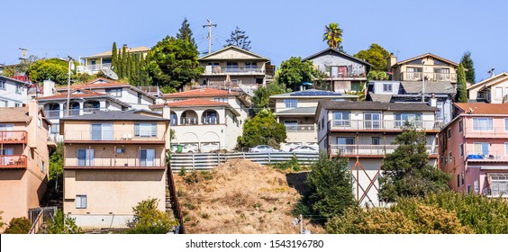 Residential Neighborhood With Multilevel Single Family Homes, Built On A Hill In San Leandro, Alameda County, East San Francisco Bay Area