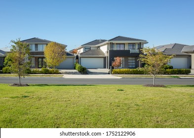 Residential Neighborhood Street With Some Modern Australian Homes. The Beautiful Environment In Melbourne's Suburb. Wyndham Vale, VIC Australia.