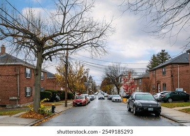 Residential street with bare trees and power lines on a rainy autumn day in Brighton, Massachusetts, USA - Powered by Shutterstock