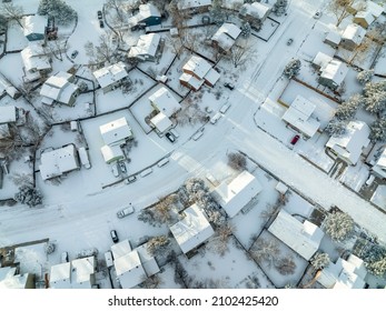 Residential Street In Fort Collins, Colorado After Snowstorm, Aerial View