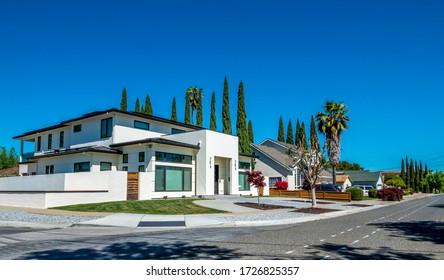Residential street with houses and trees  in California