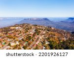 Residential streets in Katoomba town of Blue Mountains NSW, Australia - aerial landscape to Echo point lookout and Three Sisters.