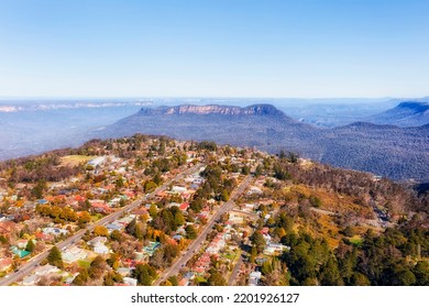 Residential Streets In Katoomba Town Of Blue Mountains NSW, Australia - Aerial Landscape To Echo Point Lookout And Three Sisters.