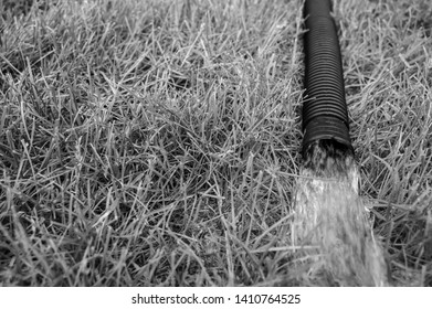 Residential Sump Pump Discharging Water From The End Of A Flexible Black Hose