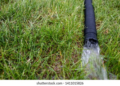 Residential Sump Pump Discharging Water From The End Of A Flexible Black Hose