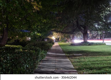 Residential, Tree-lined Neighborhood, With Nobody Walking On The Sidewalk, And Light Trails From Cars Driving On Street.