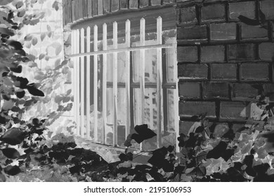 Residential Window Covered With Metal Security Bars In A Black And White Monochrome Film Negative.