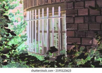 Residential Window Covered With Metal Security Bars In A Bright Glowing Color Film Negative.