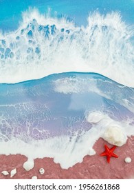 Resin Art With Blue Ocean Waves And Beach With Starfish. Epoxy Resin Art