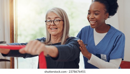 Resistance band, exercise and senior woman with physical therapy, training for muscle and arms. Strong, fitness and elderly person with support of nurse or physiotherapist in rehabilitation workout - Powered by Shutterstock