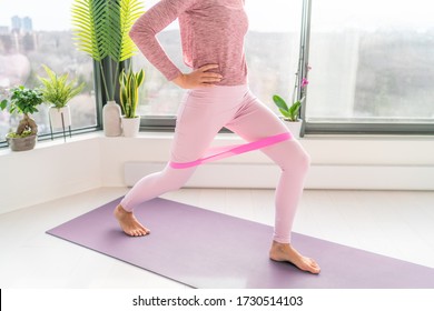 Resistance Band Fitness Home Workout Woman Doing Lunges Using Loop Bands For Legs Exercise Step Front And Side To Side Exercises With Strap Elastic. Glute Muscle Activation For Thighs Cellulite.