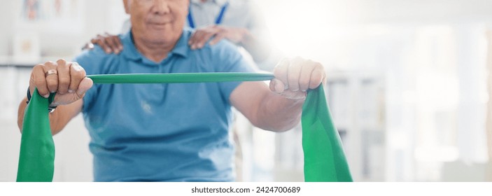 Resistance band, physical therapy and old man with physiotherapist, muscle training and strength with senior care. Health, wellness and people at physio clinic with rehabilitation and equipment - Powered by Shutterstock