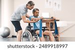 Resistance band, physiotherapy and man with patient in wheelchair for wellness, medical service and consulting. Healthcare, stretching and physical therapist with person with disability for recovery