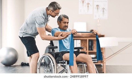 Resistance band, physiotherapy and man with patient in wheelchair for wellness, medical service and consulting. Healthcare, stretching and physical therapist with person with disability for recovery - Powered by Shutterstock