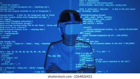 Reskill upskill IT job workforce remote support examine web page server cloud computing concept. POV people IOT work night dark blue light show text idea on woman face wear VR goggle. Hacker crime.