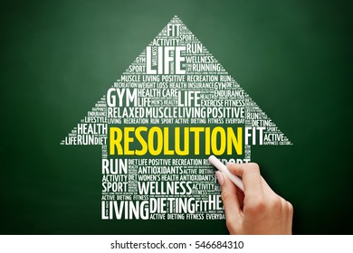 RESOLUTION arrow word cloud collage, health concept on blackboard