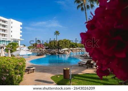 A resort in Cyprus features a large pool with a wooden bridge, sun loungers, pink flowers, palm trees, and a white multi story building under a clear sky.