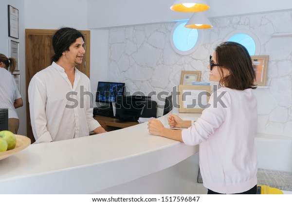 Resort Hotel Front Desk Woman Guest Stock Photo Edit Now 1517596847