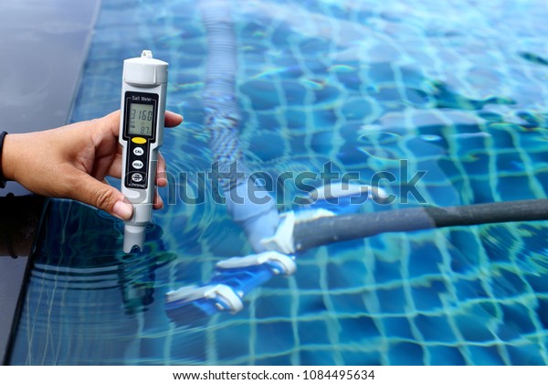 Resort Private\
pool has weekly check maintenance test, Salt Meter Level, to make\
sure water is clean and can\
swim